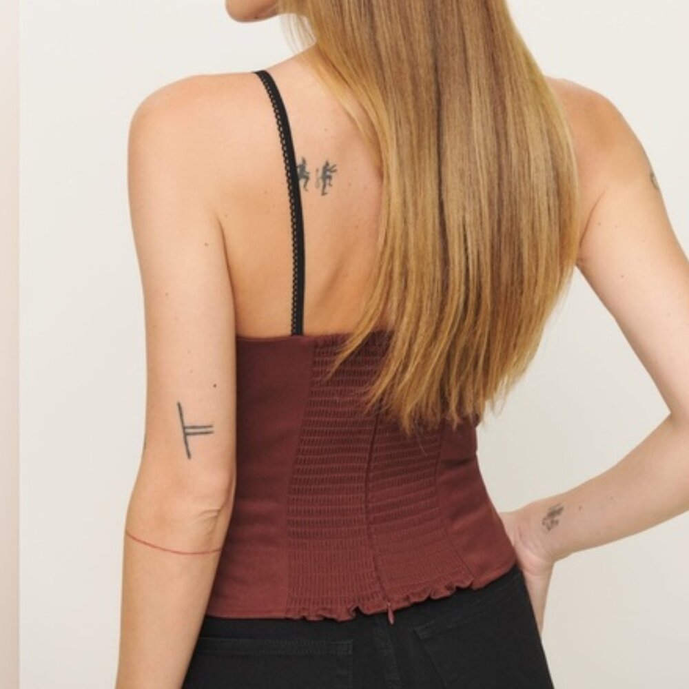 NEW Reformation Melanie Strappy Top Woven Silk Contrast Dark Red | size 2 - Picture 3 of 11